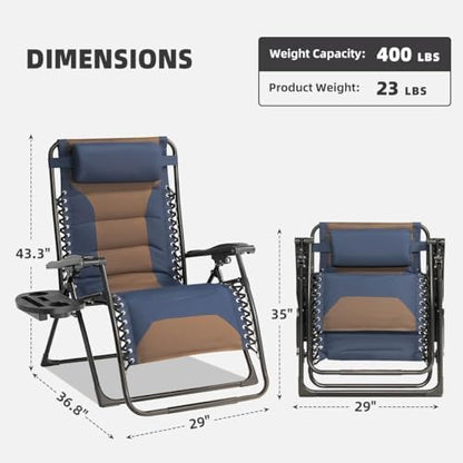 Foristrail Zero Gravity Chair Oversized Padded Recliner with Adjustable Headrest & Cup Holder - 600D Oxford Folding Lounge Chair for Outdoor Camping, Patio, Poolside (Brown & Blue)