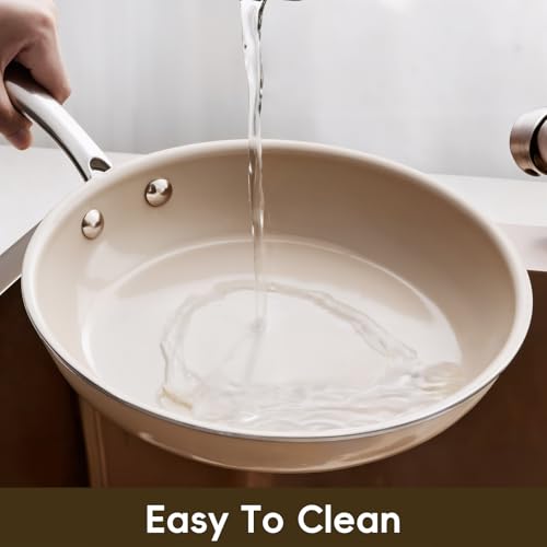 OUBRL Ceramic Non Stick Egg Pans, Nonstick Frying Pan Skillet,8 inch Cooking Pan Non Toxic,Induction Suitable，PFAS-Free Cookware, Dishwasher Safe, Oven and Broiler Safe (Cream White, 8 Inch)