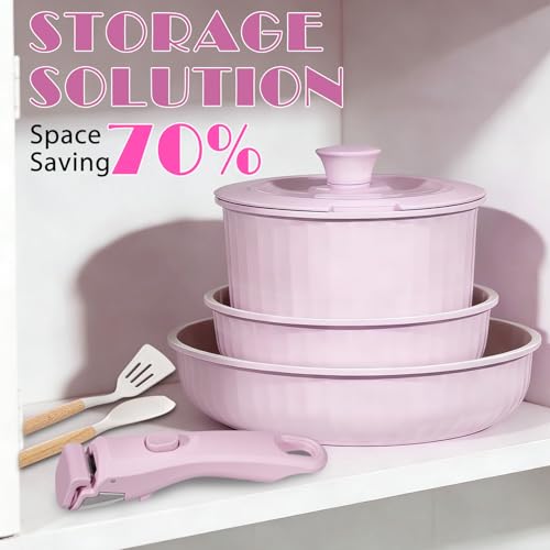 Vivicreate 11 Piece Pots and Pans Set Nonstick with Removable Handle, Induction Cookware, Stackable Kitchen Set for RV Camping Apartment, Frying Pan and Saucepan (Pink)