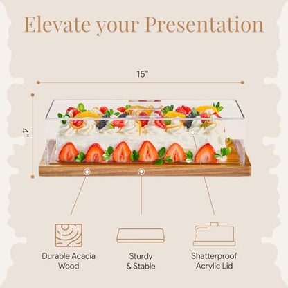 HOMESPHERE Cake Display with Lid – Acacia Wood Dessert Stand & Wooden Charcuterie Board with Lid for Loaf Cakes, Bread, Pastries, Cheese, Large Rectangle Wood Tray Platter & Acrylic Cover, 15 x 6.25”
