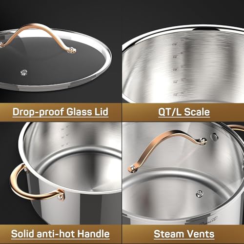 Ciwete Stock Pot 12 Quart, 18/10 Tri-Ply Stainless Steel Whole Clad Stock Pot with Lid, Seamless 12 QT Cooking Pot with Copper Handle, Healthy Stockpots, Induction, Gas, Oven and Dishwasher Safe