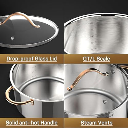 Ciwete Stock Pot 12 Quart, 18/10 Tri-Ply Stainless Steel Whole Clad Stock Pot with Lid, Seamless 12 QT Cooking Pot with Copper Handle, Healthy Stockpots, Induction, Gas, Oven and Dishwasher Safe