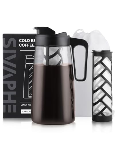 Sivaphe Large Ice Cold Coffee Maker 64 oz, Dishwasher Safty Traitan Carafe Pitcher Leak Proof, Iced Hot Coffee/Tea Brewer Method 2 Quart with Reusable Filter
