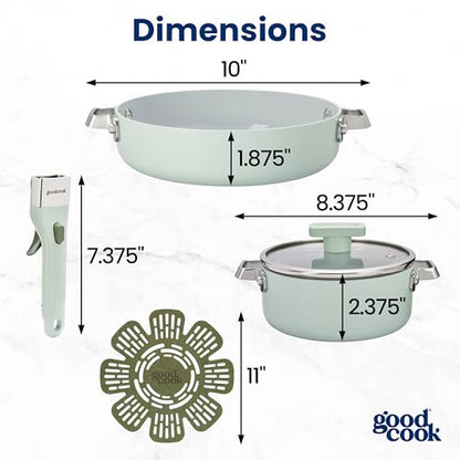 GoodCook Ceramic Cookware Set 5-Piece with Removable Handle, Induction Compatible, Nonstick and Oven Safe with 8-Inch Frypan, Sage Green