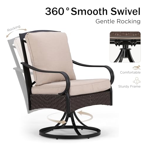 PHI VILLA 7-Piece Outdoor Dining Set, Heavy Duty Patio Table and Chairs Set with Umbrella Hole for 6, 64" Rectangular Patio Woodgrain Metal Table & Swivel Chairs with Cushions