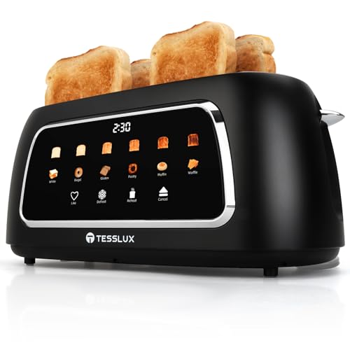 Tesslux 4 Slice Toaster with Touch Screen Control, 1.5" Wide Long Slots, 6 Browning Levels & 6 Bread Types, Digital Timer, Memory, Defrost, Reheat (Black, 4 Slice)
