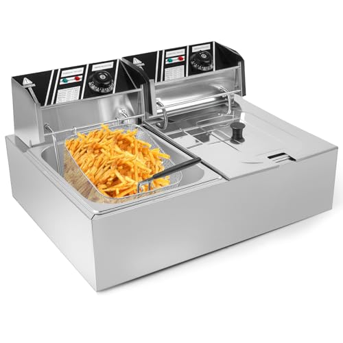 CooFel 20QT Electric Deep Fryer with Dual Baskets & Lids, 5000W Commercial Countertop Stainless Steel Double Tank Fryer with Temperature Control, for Restaurant & Home Use