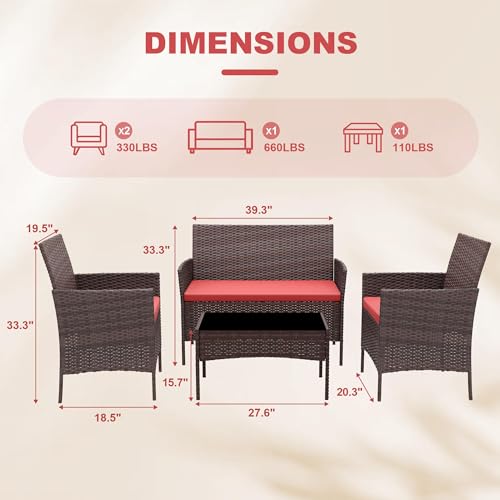 GarveeHome Modern 4-Person Outdoor Bistro Set with Tempered Glass Table – Weather-Resistant PE Rattan & Iron Frame Patio Furniture, Thick Red & Brown Polyester Cushions for Garden, Balcony, Deck