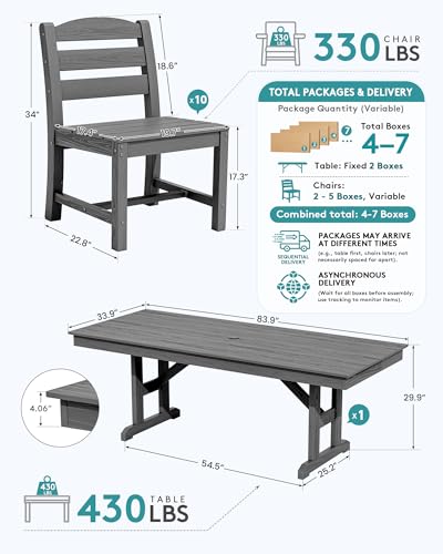 SERWALL 9Pcs 84" HDPE Outdoor Dining Set for 8 with Armless Chairs,Gray