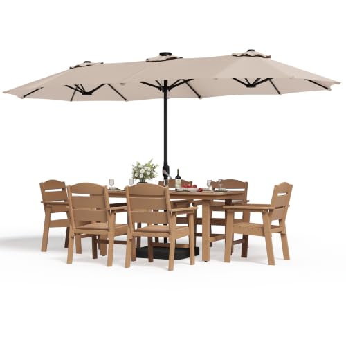 8 Piece HDPE Outdoor Dining Set for 6 with 15ft Umbrella and Base,Teak
