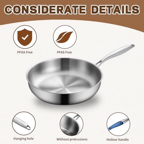 GOLDEN KEY 10 inch Tri-Ply 304 Stainless Steel Pan with Lid, Even Heating Non-toxic Skillet, Oven & Dishwasher Safe, Induction Ready, Ideal for Searing Meat & Fish, Sauteing, Frying (500°F)