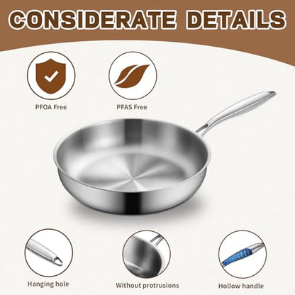 GOLDEN KEY 10 inch Tri-Ply 304 Stainless Steel Pan with Lid, Even Heating Non-toxic Skillet, Oven & Dishwasher Safe, Induction Ready, Ideal for Searing Meat & Fish, Sauteing, Frying (500°F)
