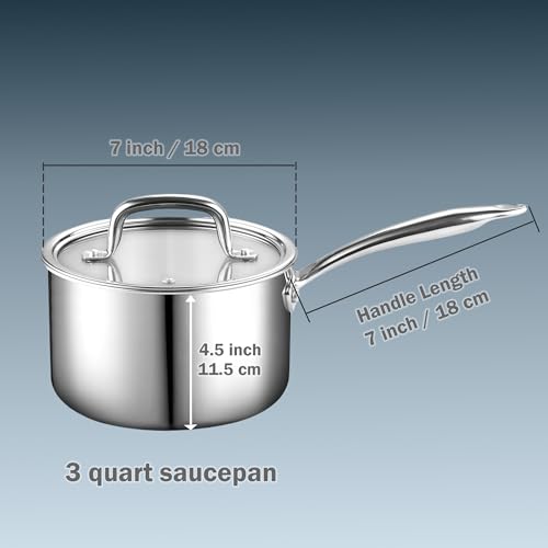 Cook N Home Classic Tri-Ply Clad Stainless Steel Saucepan with Lid, Multipurpose Sauce Pan Kitchen Pot for Cooking, Dishwasher & Oven Safe, Induction Compatible Cookware, 3-Quart