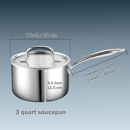 Cook N Home Classic Tri-Ply Clad Stainless Steel Saucepan with Lid, Multipurpose Sauce Pan Kitchen Pot for Cooking, Dishwasher & Oven Safe, Induction Compatible Cookware, 3-Quart