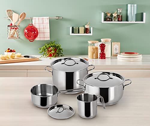 Lagostina Every Stainless Steel Cookware Set, 7-Piece Set, Two-Handle Saucepan 18 cm, Deep Casserole 22 cm, Milk Pan 12 cm, Deep Casserole 14 cm Long Handle and Lids 14.18 and 22 cm