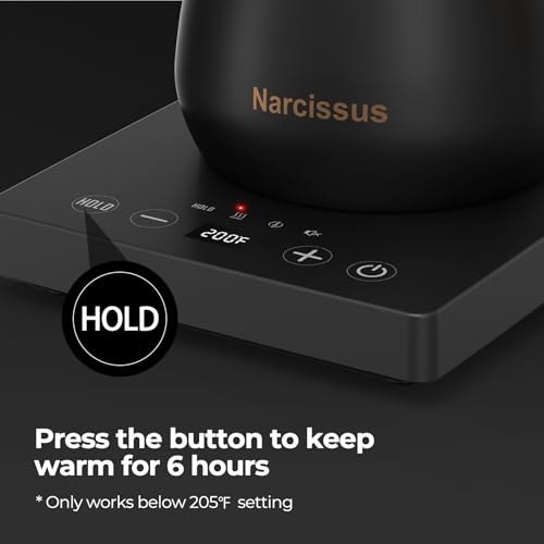 Narcissus P901 Gooseneck Electric Kettle with ±1℉ Temperature Control Function, 1200 Watt Rapid Boiling in 5 Mins, Max 6 Hours Keeping Warm, 304 Stainless Steel Interior, BPA Free, Black