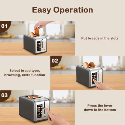 Mecity 2 Slice Touch Screen Toaster, 1.5" Wide Slot, Stainless Steel Smart Toaster for Bagels, Muffins, Waffles, Gluten-Free Breads, Defrost, Reheat, Timer, 120V 825W, Grey Pearl