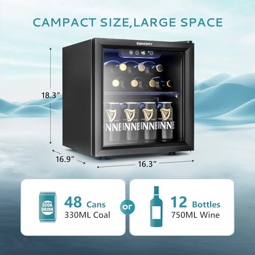 EUHOMY 12 Bottle 48 Can Mini Fridge, Beverage Refrigerator with Glass Door