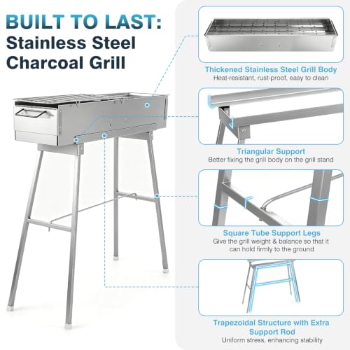 IRONWALLS Portable Charcoal Grill Foldable with Skewer, 32"(L)x8"(W)x32"(H)