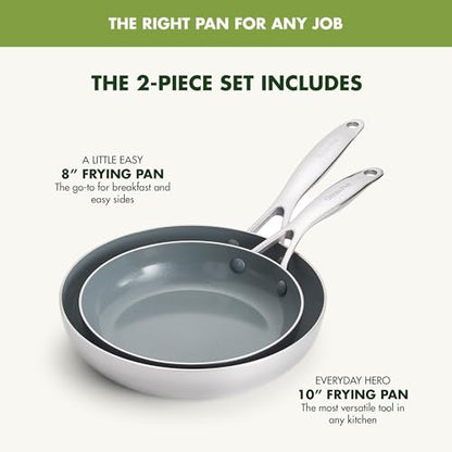 GreenPan Valencia Pro Tri-Ply Stainless Steel 8” & 10” Frying Pan Skillet Set, PFAS-Free Ceramic Nonstick Coating, Induction Ready Cookware, All Cooktops, Eggs & Omelets, Dishwasher & Oven Safe 600F