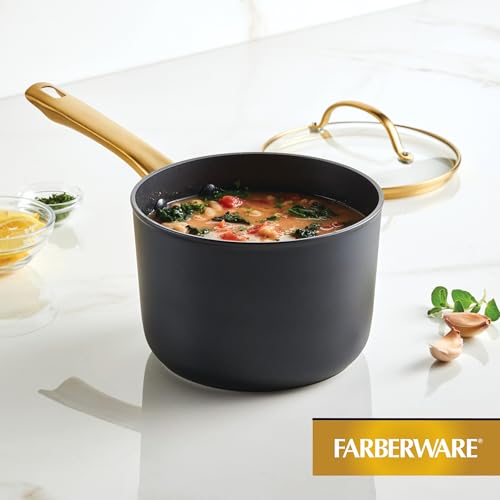 Farberware Forged Induction Ceramic Cookware Nonstick Saucepan with Lid, Dishwasher Safe, Suitable for All Stovetops, 3 Quart Sauce Pan - Black and Gold