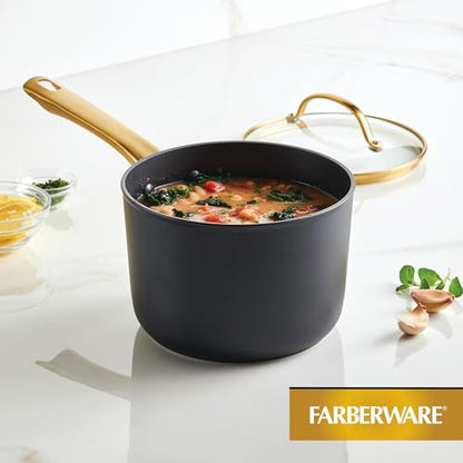 Farberware Forged Induction Ceramic Cookware Nonstick Saucepan with Lid, Dishwasher Safe, Suitable for All Stovetops, 3 Quart Sauce Pan - Black and Gold