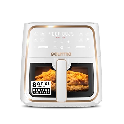Gourmia 8 Qt Air Fryer, 8 Presets with Digital Display, FryForce 360° Technology, Easy View Window & Interior Light, Dishwasher Safe Basket, White