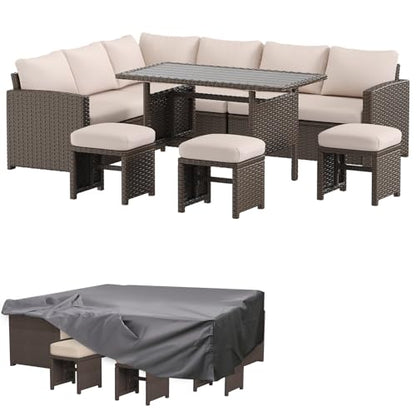 AECOJOY Outdoor Patio Furniture Set with Waterproof Cover, 7 Pieces Clearance Sectional Rattan Dining Table&Chairs, All Weather Wicker Conversation Sofa Couch, Khaki Cushions&Brown Rattan