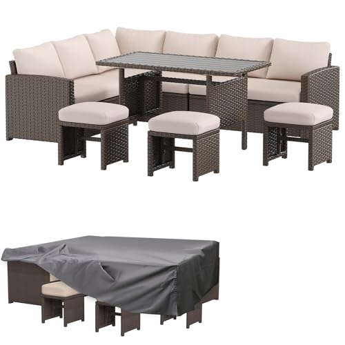 AECOJOY Outdoor Patio Furniture Set with Waterproof Cover, 7 Pieces Clearance Sectional Rattan Dining Table&Chairs, All Weather Wicker Conversation Sofa Couch, Khaki Cushions&Brown Rattan