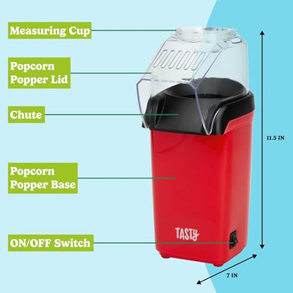 Tasty Hot Air Popcorn Popper, Healthy and Delicious Popcorn in Minutes, Fast and Easy-to-Use, Built-In Measuring Cup and Butter Warmer, 8 Cups, Red