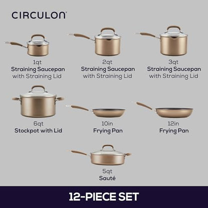 Circulon Premier Professional Hard Anodized Nonstick Cookware Induction Pots and Pans Set Nonstick, Home Essentials, 12-Piece, Bronze