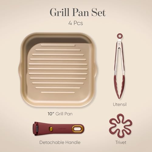 CAROTE 10 Inch Titanium Reinforced Nonstick Grill Pans for Steak, Non-Stick Grill Pans Sets with Detachable Handle, PFOS, PFOA Free, Gas & Induction Safe, All Stovetops Compatible, Burgundy