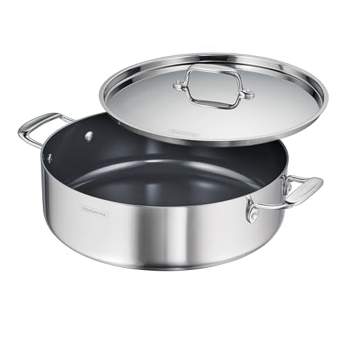 Tramontina Utsava Tri-Ply Clad Stainless Steel 6.5-Quart Casserole with Lid and Ceramic Non Stick Interior, Induction-Ready Large Braiser Pan