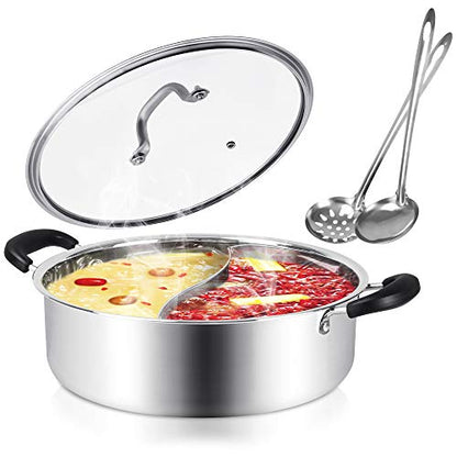 Kerykwan 304 Food Grade Stainless Steel Shabu Shabu Hot pot with Divider&Lid for Induction Cooktop Gas Stove Dual Sided Soup Cookware