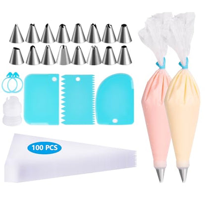 Karebeen Piping Bags and Tips Set, 100pcs Pastry Bags Cakes Decorating Supplies Kit, 3 Cake Scraper, 2 Couplers, 16 Piping Tips, 2 Bag Ties (12 INCH)