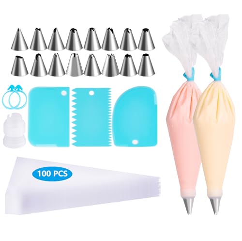 Karebeen Piping Bags and Tips Set, 100pcs Pastry Bags Cakes Decorating Supplies Kit, 3 Cake Scraper, 2 Couplers, 16 Piping Tips, 2 Bag Ties (12 INCH)