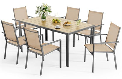 Ahomly Patio Table and Chairs Set for 6, Outdoor Dining Set Includes 59.5" Rectangle Patio Table with Side Umbrella Hole and 6 Textilene Fabric Patio Chairs for Backyard, Courtyard, Poolside, Brown