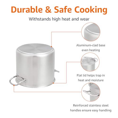 Amazon Basics 12 Quarts Stainless Steel Aluminum-Clad Stock Pot with Cover, Induction Compatible, Dishwasher Safe, Oven Safe, Even Heating, Soup and Pasta Pot
