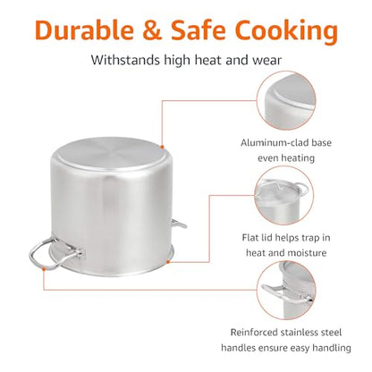 Amazon Basics 12 Quarts Stainless Steel Aluminum-Clad Stock Pot with Cover, Induction Compatible, Dishwasher Safe, Oven Safe, Even Heating, Soup and Pasta Pot