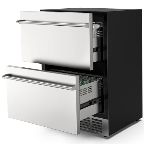 Mojgar 24" Under Counter Beverage Refrigerator, Indoor/Outdoor Fridge with Double Drawer Storage, Quiet 38dB Compressor & Weather-Proof Stainless Steel – Beverage Fridge for Home, Patios, Restaurants