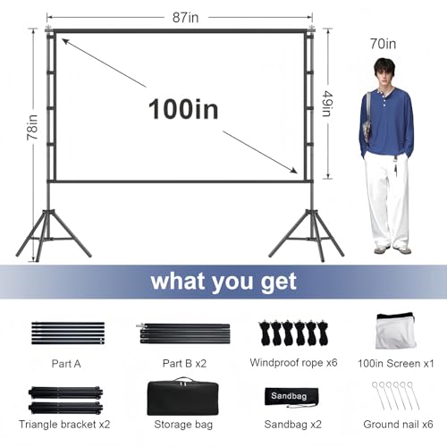 100inch Projector Screen and Stand,Outdoor and Indoor Projection Screen,16:9 4K HD Rear Front Movie Screen Portable with Carry Bag Wrinkle-Free Design for Home Theater 100inch