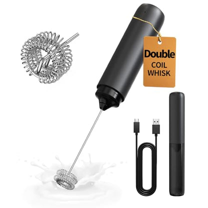 CIRCLE JOY Rechargeable Milk Frother Hanheld, Dual Coil Whisk Head Electric Coffee Frother, Portable Hand Frother Wand Drink Mixer for Matcha Lattes Cappuccino, Kitchen Gifts, Black