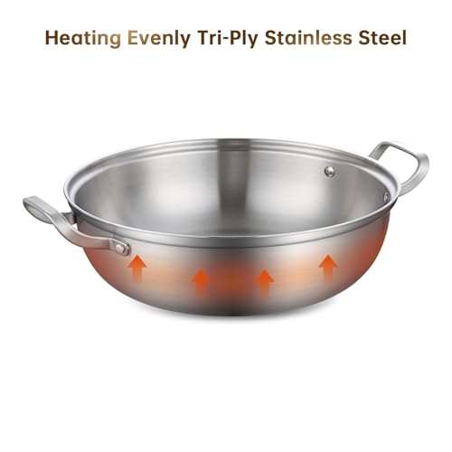 Yeksum Tri-Ply Stainless Steel Saute Pan,Deep Frying Pan with lid,Compatible with All Cooktops Up to 650℉, Everyday Pan,Hot Pot,Kadhai,Induction Cooking Pot,Dishwasher and Oven Safe. (5QT)