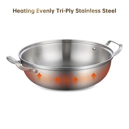 Yeksum Tri-Ply Stainless Steel Saute Pan,Deep Frying Pan with lid,Compatible with All Cooktops Up to 650℉, Everyday Pan,Hot Pot,Kadhai,Induction Cooking Pot,Dishwasher and Oven Safe. (5QT)