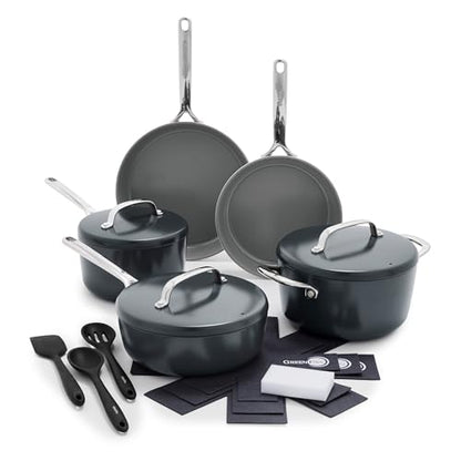 GreenPan GP5 Hard Anodized Healthy Ceramic Nonstick 14 Piece Cookware Pots and Pans Set,Heavy Gauge Scratch Resistant,Stay-Flat Surface, Induction, Mirror Finish Handle,Oven Safe,PFAS-Free,Slate