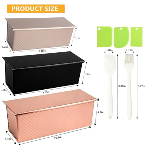 YURTKUMAS 3 Pack Set Pullman Loaf Pan with Lids, 2.2 lb & 1 lb & 0.8 lb Dough Capacity,Non-Stick Sandwich Bread Loaf Pan for Homemade Baking Bread