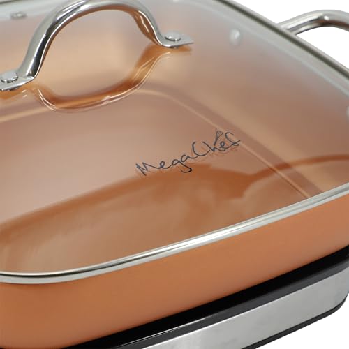 MegaChef Electric Fry Pan with Copper Non-Stick Coating, Tempered Glass Lid & Adjustable Temperature Control, Versatile Small Kitchen Appliance (11.81 Inch Fry Pan)
