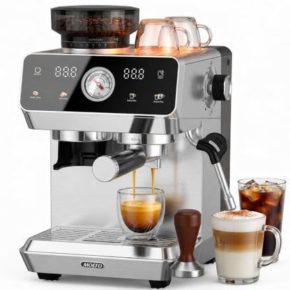MOEFO Espresso Machine with Grinder, 20-Bar Programmable Semi-Automatic Coffee Maker, Visual Pressure Gauge & Touchscreen, Compact Design with Tamper, Make Americano, Latte, Silver