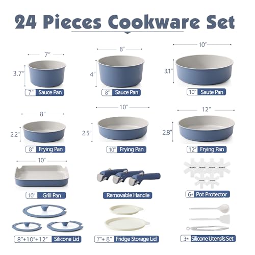 SENSARTE 24 Piece Ceramic Pots and Pans Set, Nonstick Detachable Handle Cookware, Induction Kitchen Cookware Set with Removable Handle, Healthy Non Stick for RV, Dishwasher＆Oven Safe, PFOA Free (Navy)