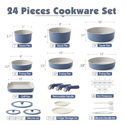 SENSARTE 24 Piece Ceramic Pots and Pans Set, Nonstick Detachable Handle Cookware, Induction Kitchen Cookware Set with Removable Handle, Healthy Non Stick for RV, Dishwasher＆Oven Safe, PFOA Free (Navy)